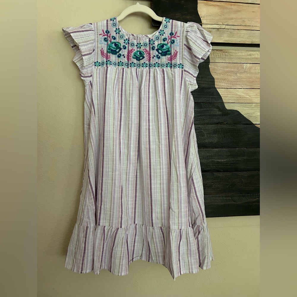 NWOT August Sky Striped Babydoll Ruffle Sleeve Dress Embroidered Floral